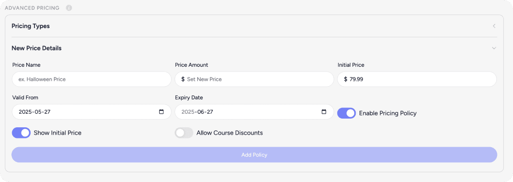 Pricing control panel with various options